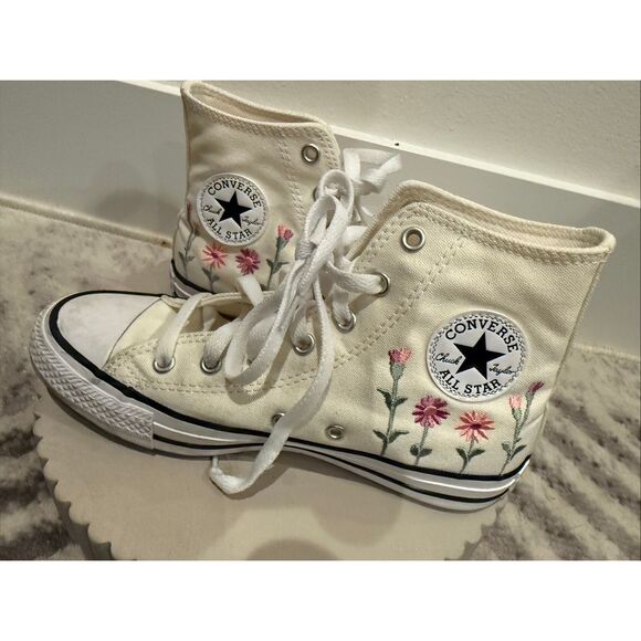 Converse Girls Chuck Taylor Floral Embroidered High Top Sneakers Tan Pink Size 4 - Picture 5 of 12